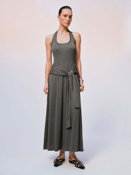 Halter U-Neck Tie-Belt A-Line Jersey Maxi Dresses