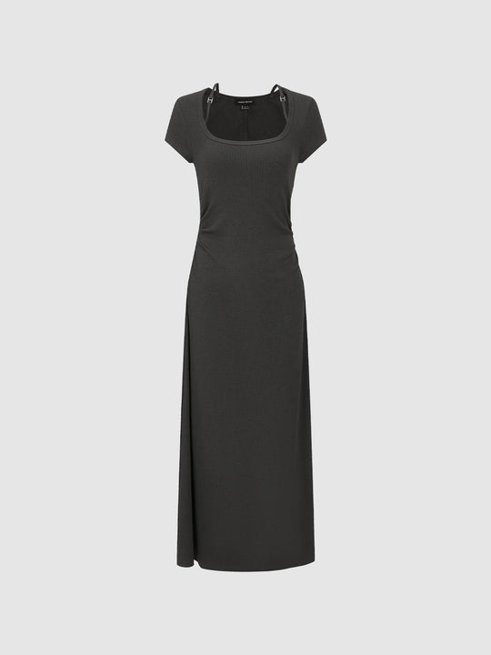 Square Neck Ruched Short Sleeve Stretch Jersey Midi Dresses