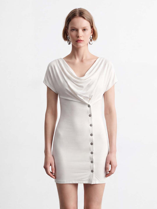 Draped Cowl Neck Button Front Mini Dress