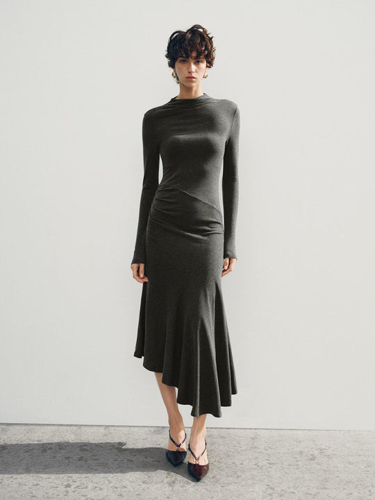 Ruched Side Asymmetric Fitted Mock Neck Long Sleeve Maxi Dress