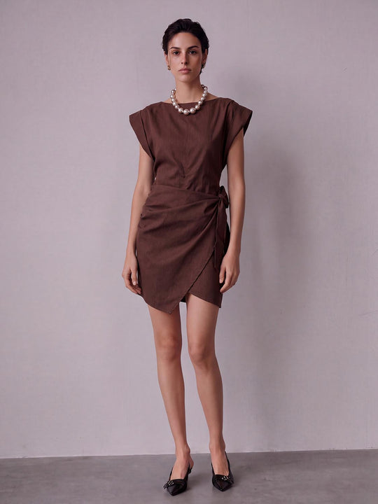 Sleeveless Asymmetric Wrap Waist Draped Mini Dress