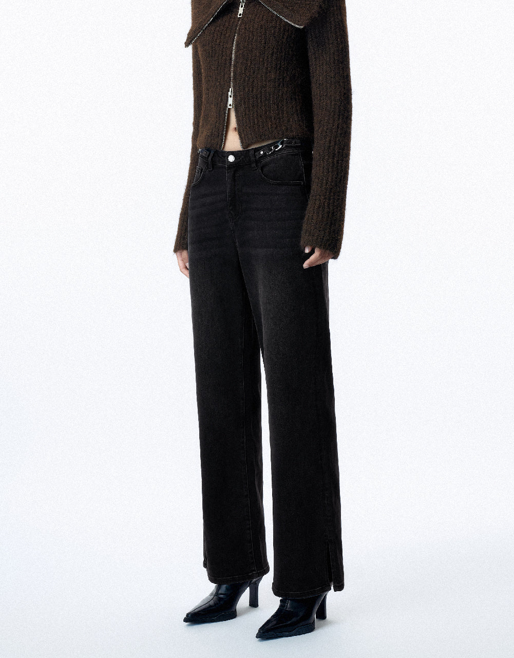 Split Hem Wide-Leg Jeans With Chain Décor