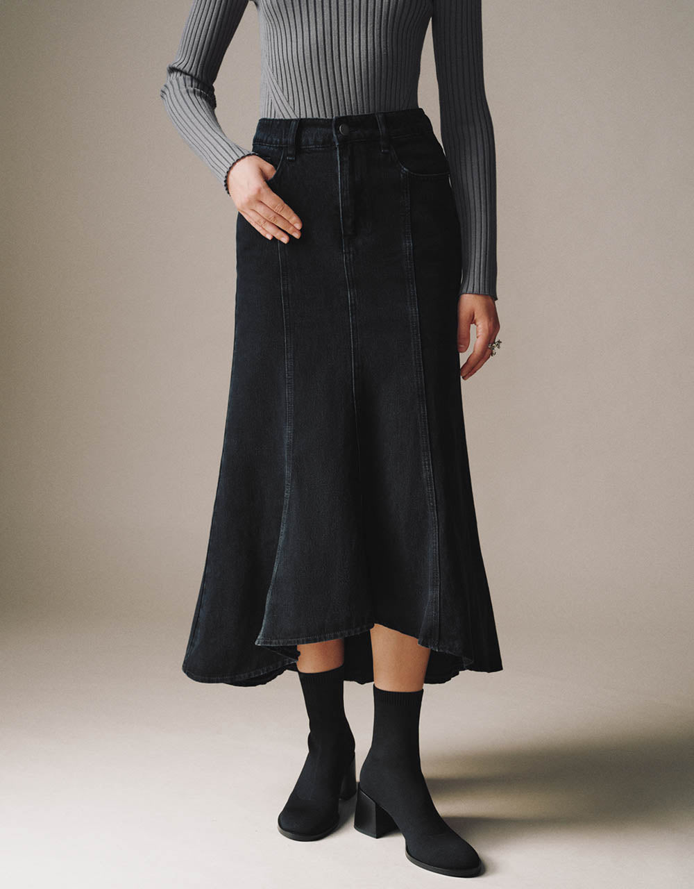 Midi Fishtail Denim Skirt