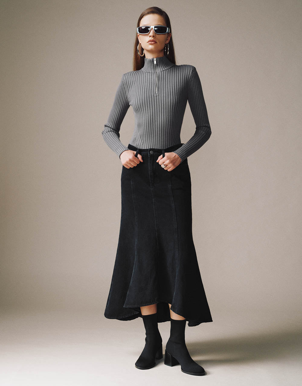 Midi Fishtail Denim Skirt