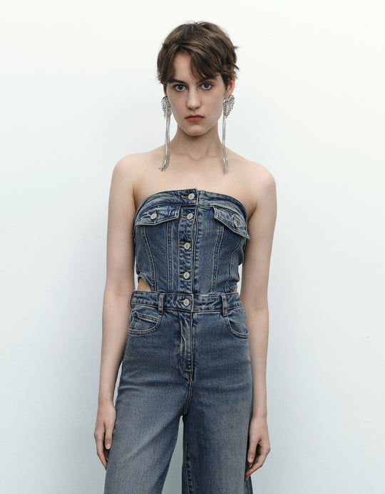 Off-Shoulder Cut-Out Denim Jumpsuits