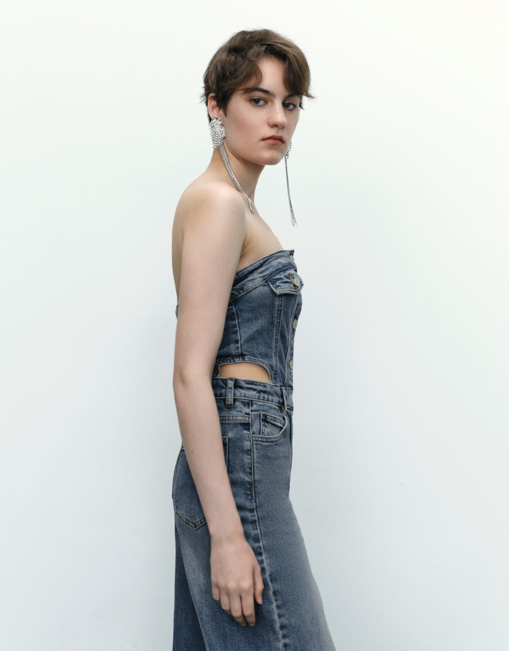 Off-Shoulder Cut-Out Denim Jumpsuits