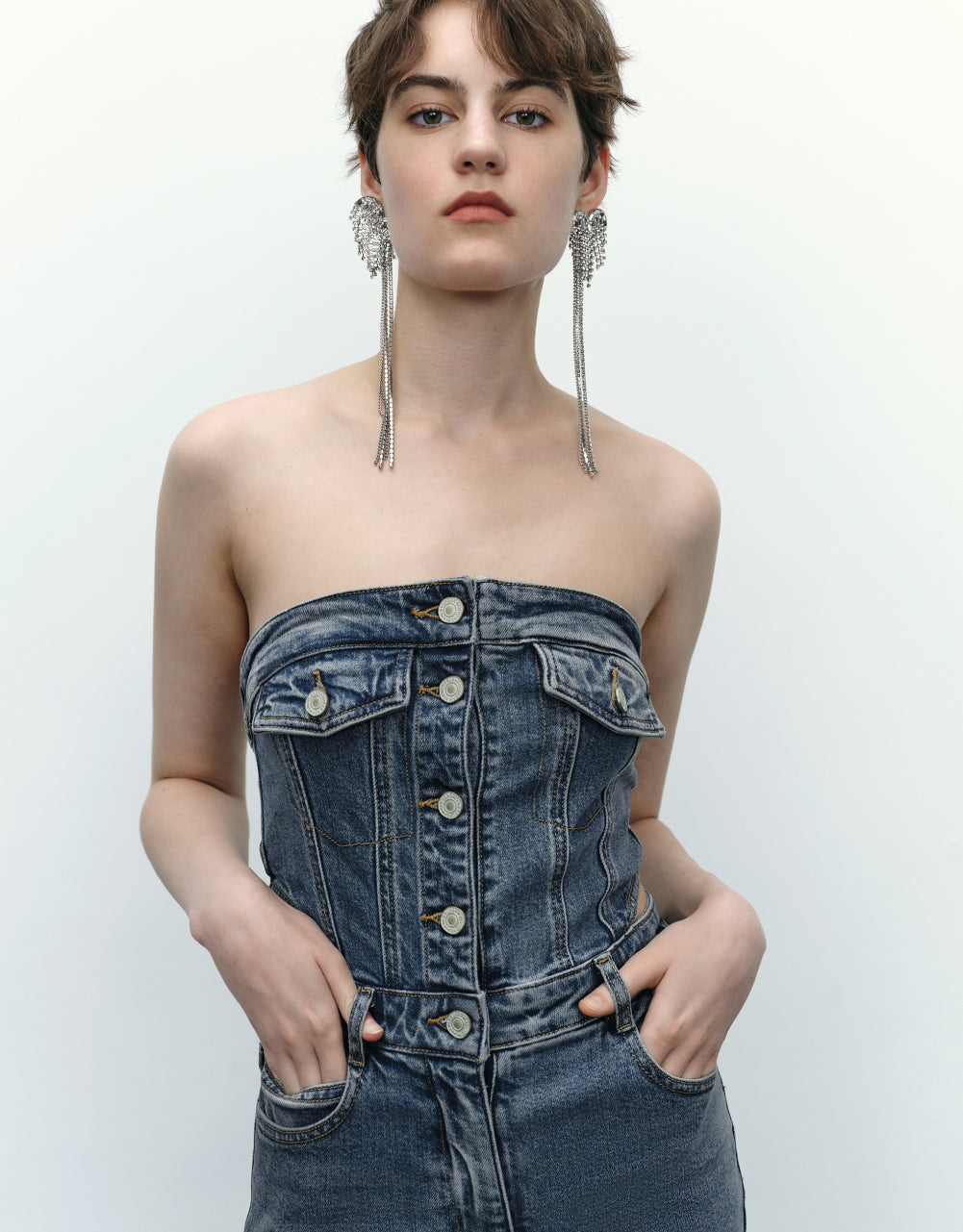 Off-Shoulder Cut-Out Denim Jumpsuits