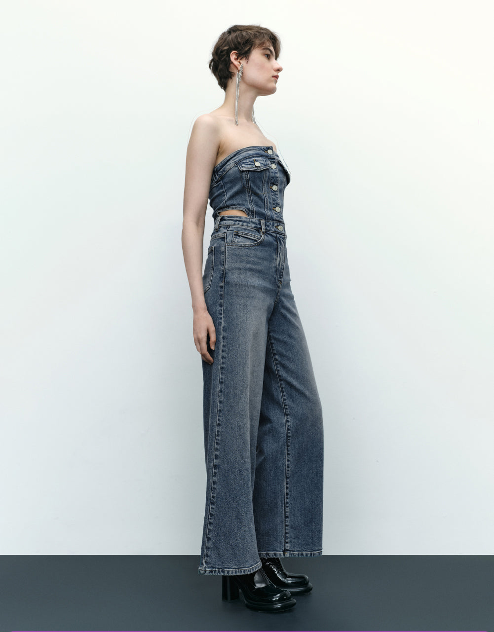 Off-Shoulder Cut-Out Denim Jumpsuits