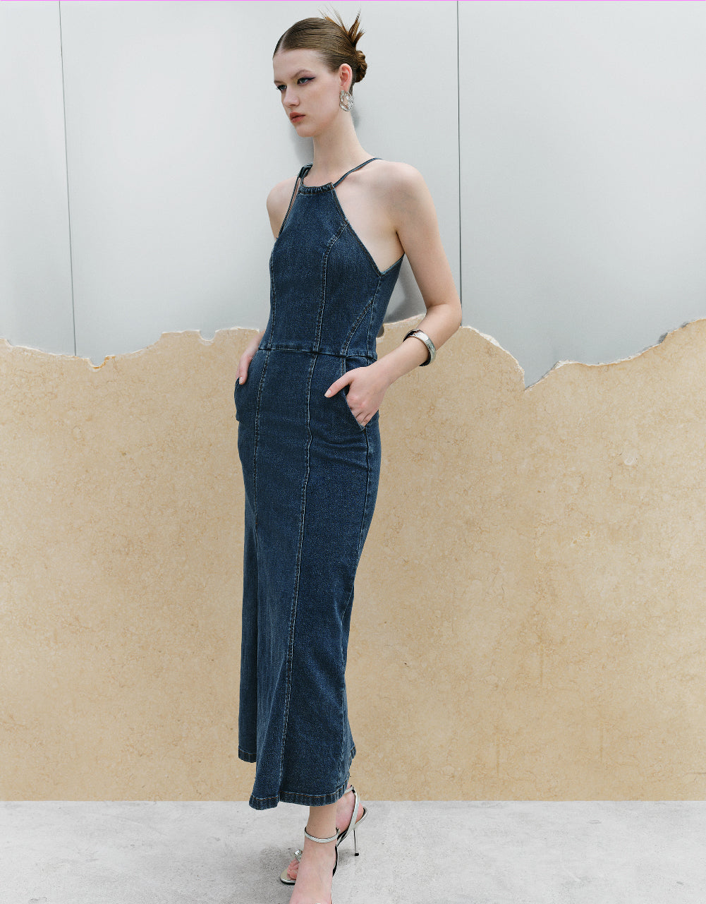 Sleeveless Halter Neck Denim Dress