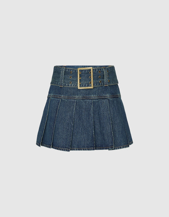 Pleated A-Line Denim Skirt With Belt