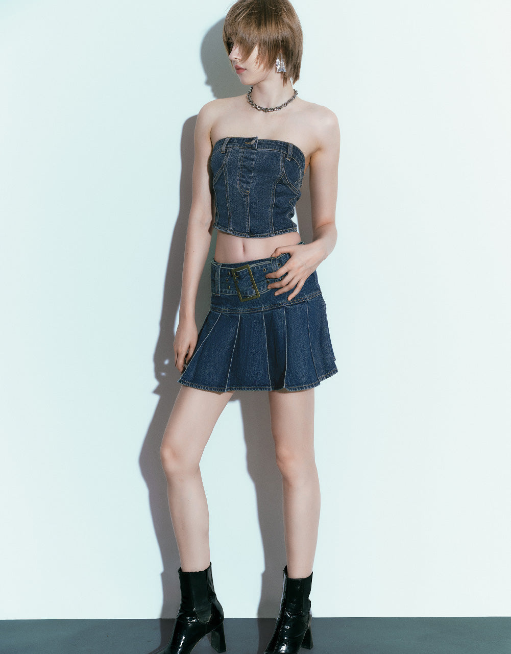 Pleated A-Line Denim Skirt With Belt