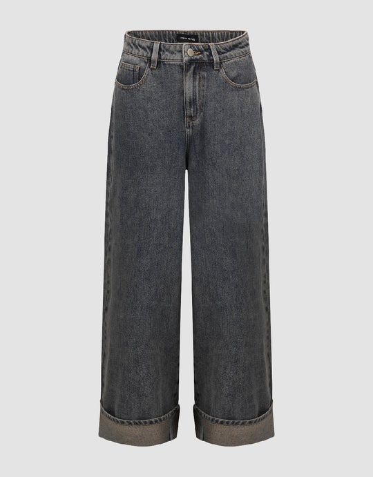 Rolled Up Hem Wide-Leg Jeans