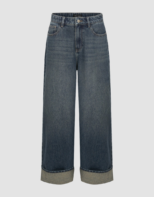 Rolled Up Hem Wide-Leg Jeans