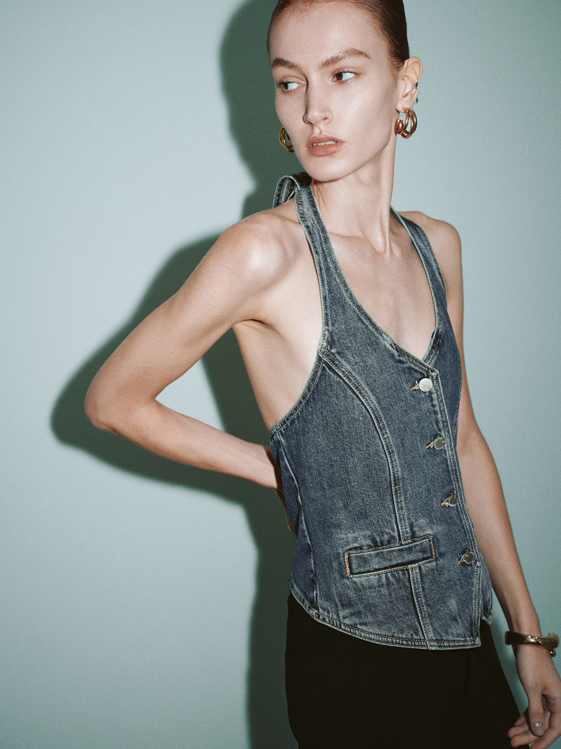 Halter Neck Sleeveless Denim Shirt