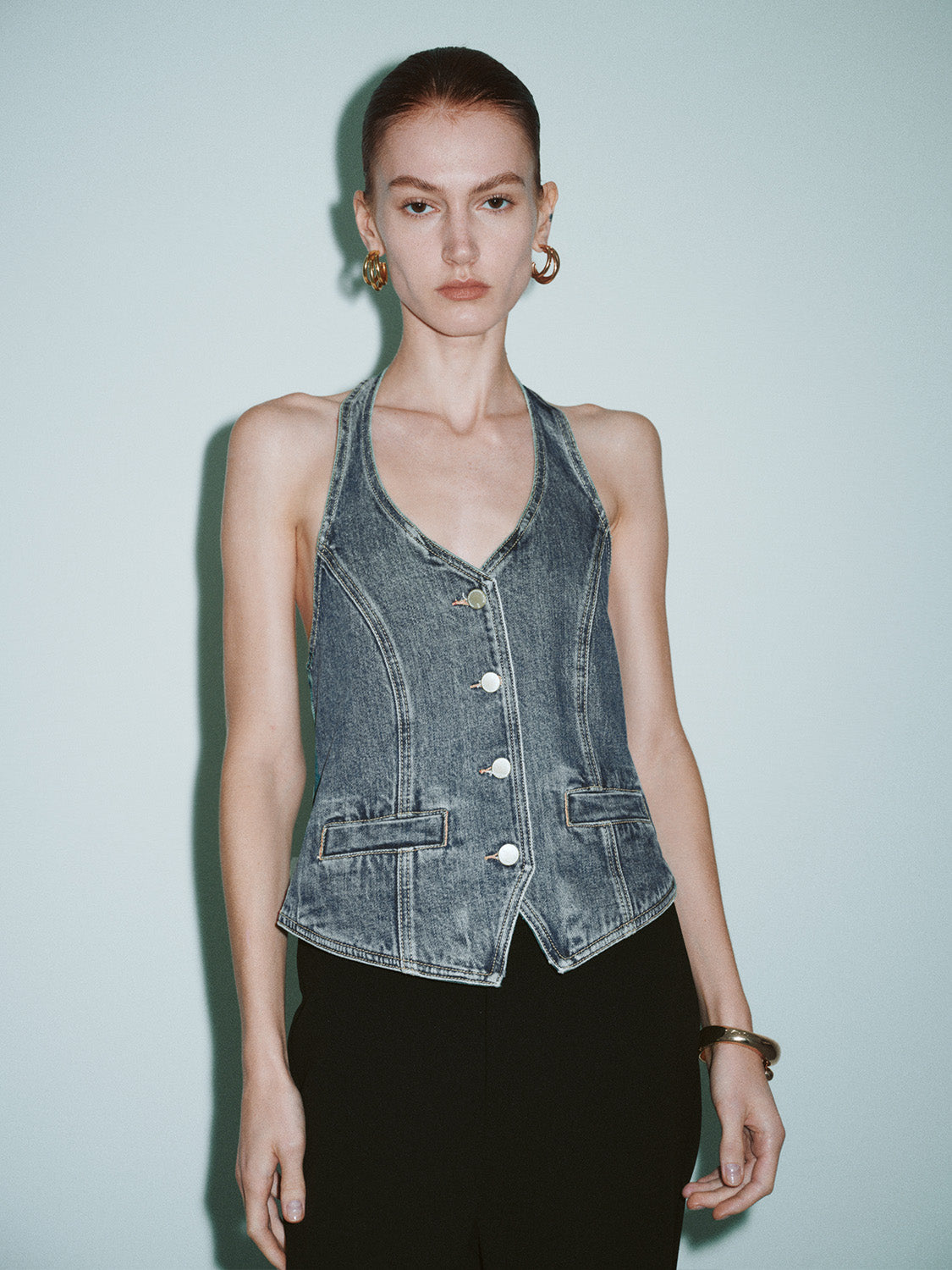 Halter Neck Sleeveless Denim Shirt