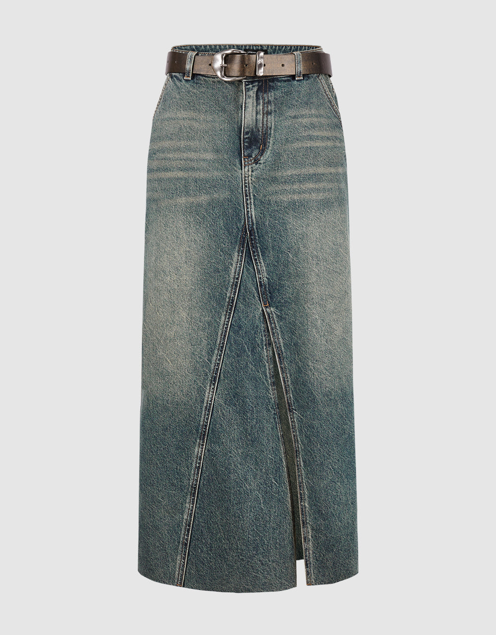 Split Hem Straight Denim Skirt With Belt