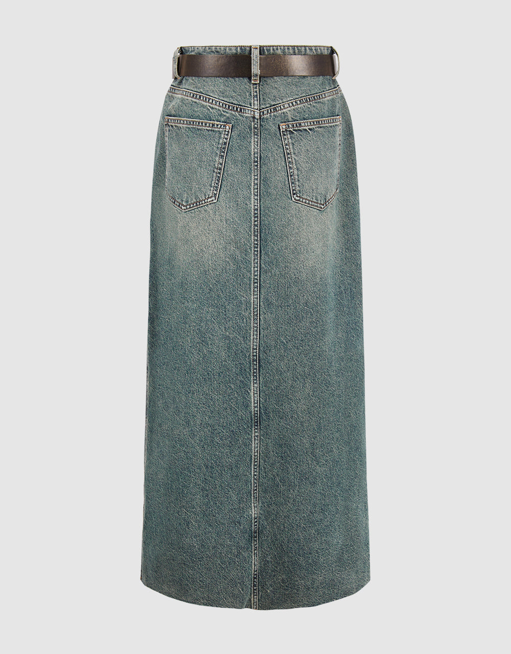 Split Hem Straight Denim Skirt With Belt