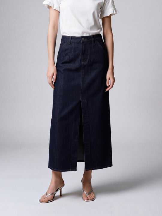 High Waist Pleated Split Hem Denim Cotton Midi Skirt