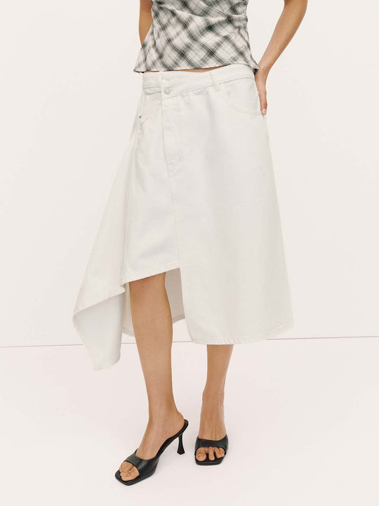 Cotton Draped Wrap Front With Asymmetric Hem And Clean Tailored Silhouette Skirt