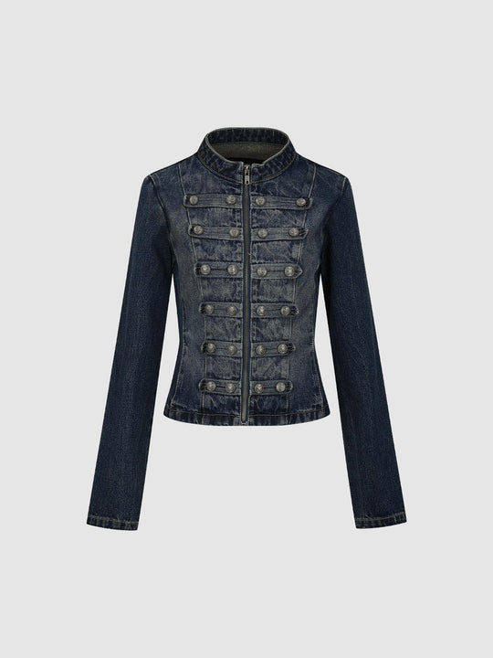Zip Front Button Detail Long Sleeve Cotton Denim Jacket