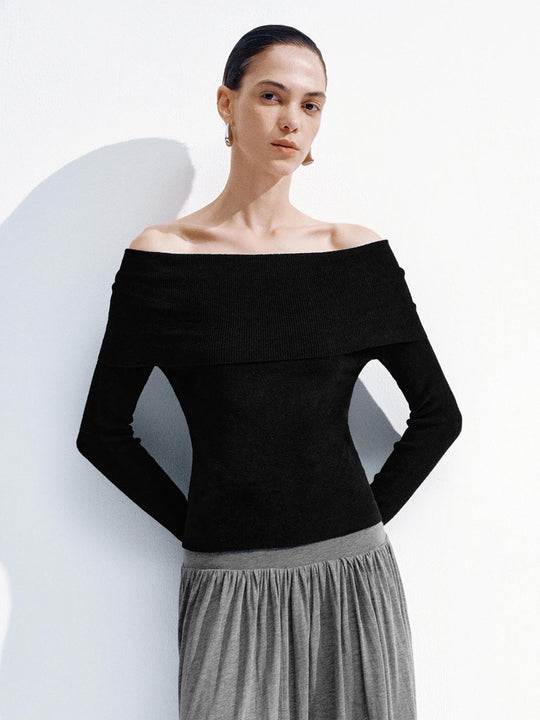 Off Shoulder Long Sleeve Knitted T-Shirts
