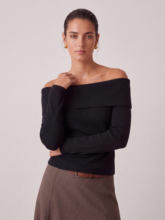 Off Shoulder Long Sleeve Knitted T-Shirts