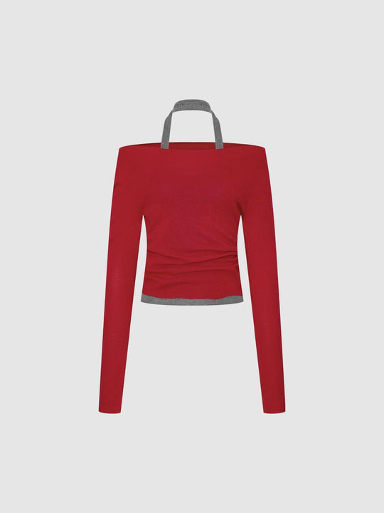 2 In 1 Off Shoulder Long Sleeve Knitted T-Shirts