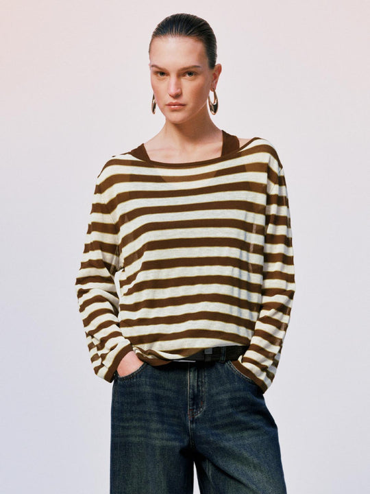 Cotton Blend Striped Knit Long Sleeve Sweater