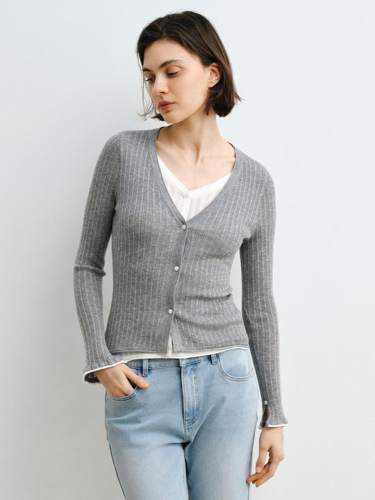 Fitted Ribbed Knit V-neck Long Sleeve Cardigan