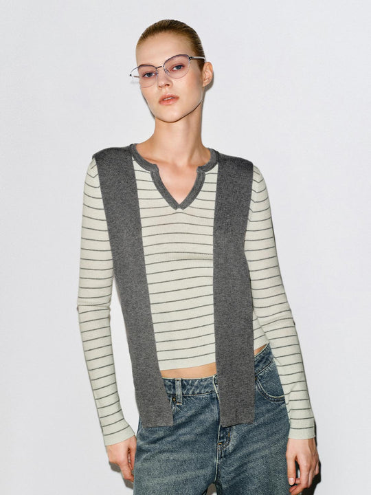 Striped Shawl Fitted V-neck Long Sleeve Knit T-shirt