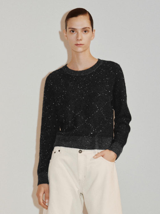 Textured Dotted Ribbed Hem Crew Neck Long Sleeve Sweater