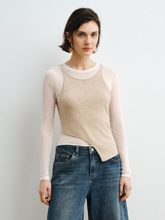 Layered Twisted Hem Crew Neck Long Sleeve Knit T-shirt