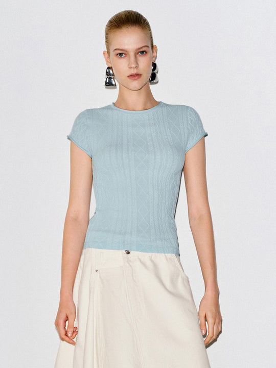 Textured Cable Knit Short Sleeve Relaxed Fit T-shirt