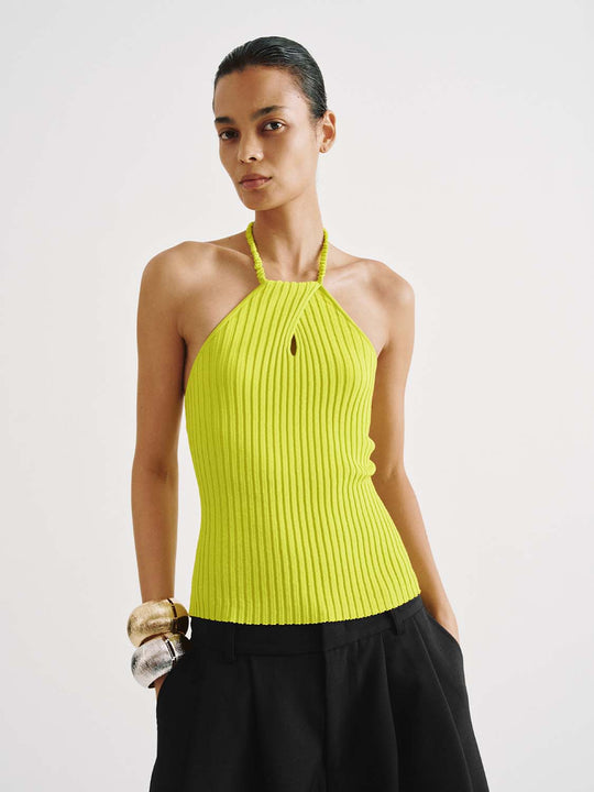Ribbed Knit Medium Thickness With Keyhole Neckline And Braided Strap Halter Top