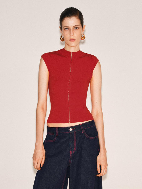 Button High Collar Knit Top