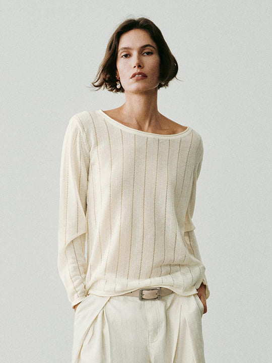 Relaxed Ribbed Long Sleeve Boat Neck Knit Sweater