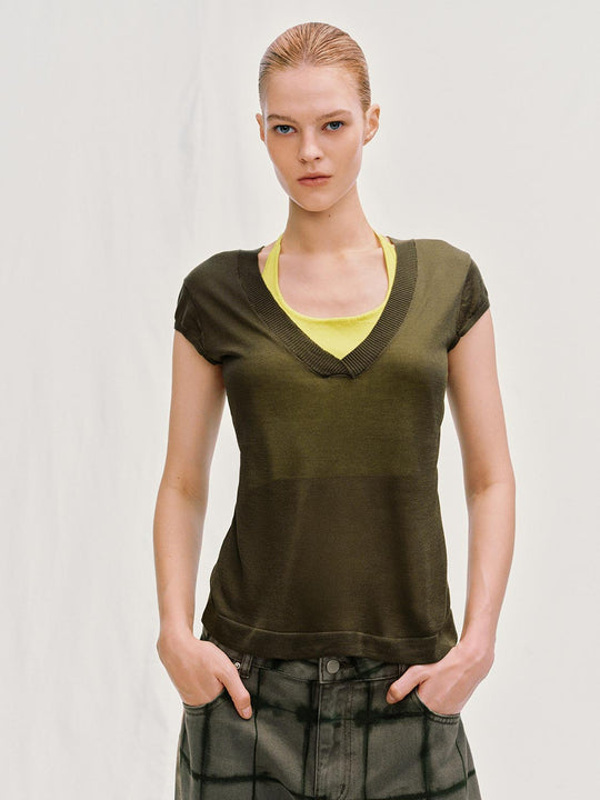 Ribbed V-neck Slim Fit Knitted Lyocell T-shirt
