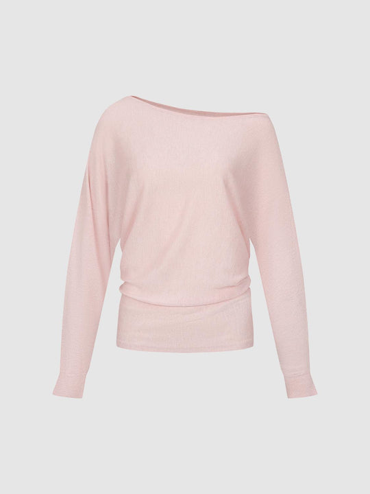Fitted Knit Ruched Long Sleeve Boat Neck T-Shirt