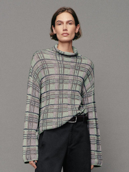 Checked Textured Twisted Hem Roll Neck Long Sleeve Sweater