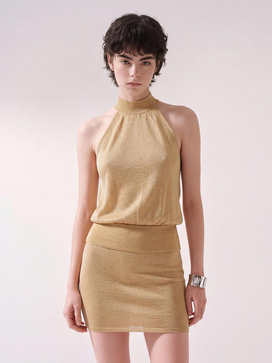 Metallic Knitted Halter Neck Sleeveless Top