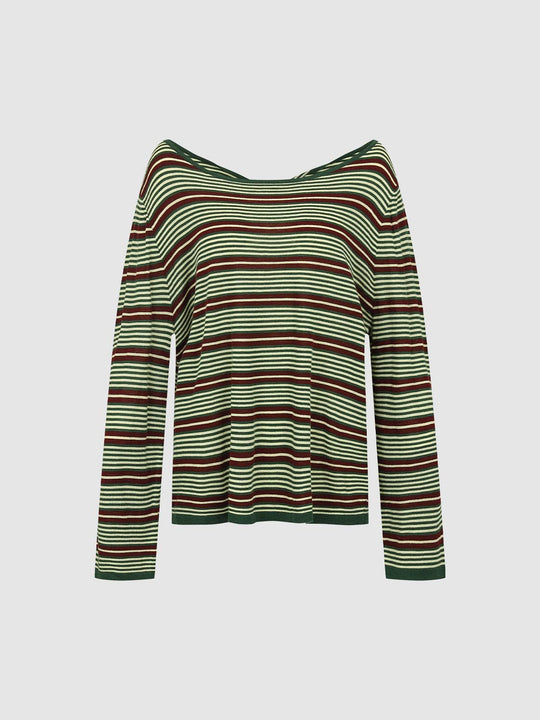 Multicolor Striped Long Sleeve Boat Neck Knit T-Shirt