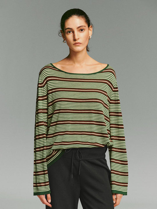Multicolor Striped Long Sleeve Boat Neck Knit T-Shirt