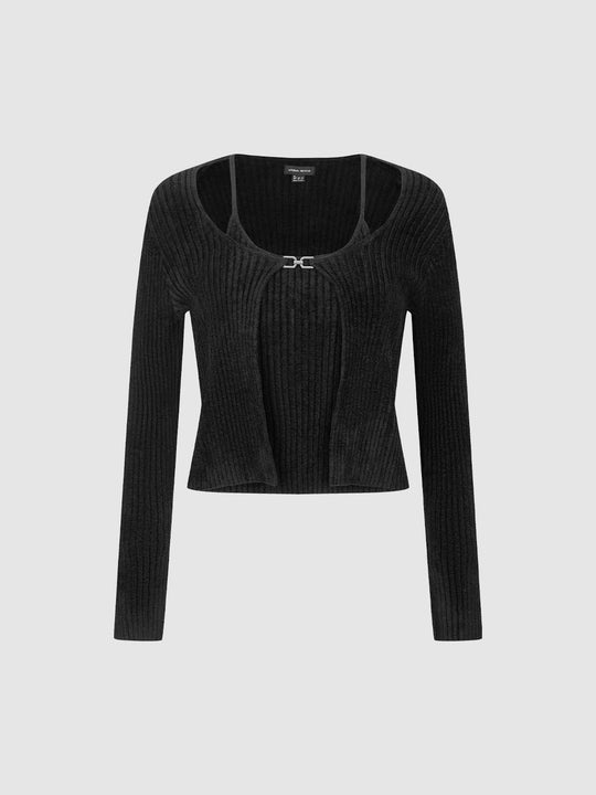 Ribbed Long Sleeve Metal Clasp Detail Pullover