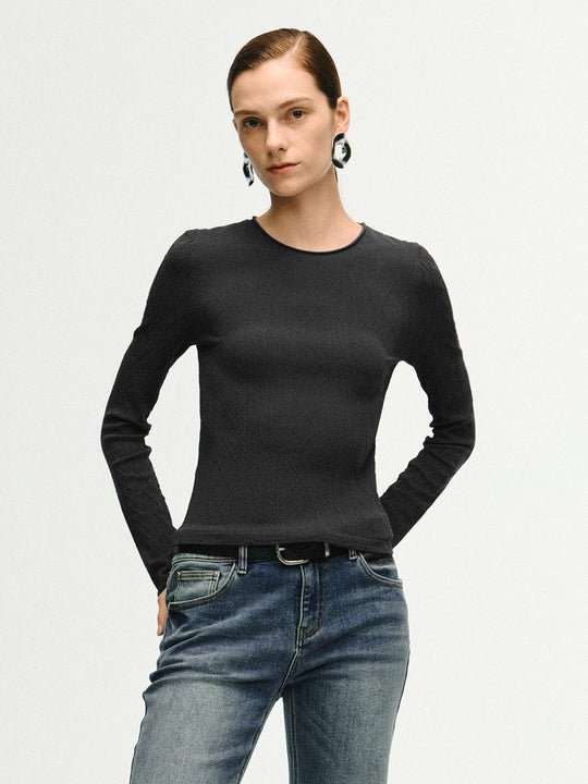 Textured Knit Fitted Crew Neck Long Sleeve T-Shirt