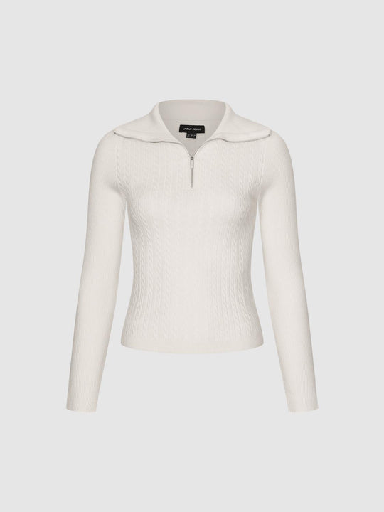 Ribbed Textured Long Sleeve Fitted Half-zip Collar Pullover