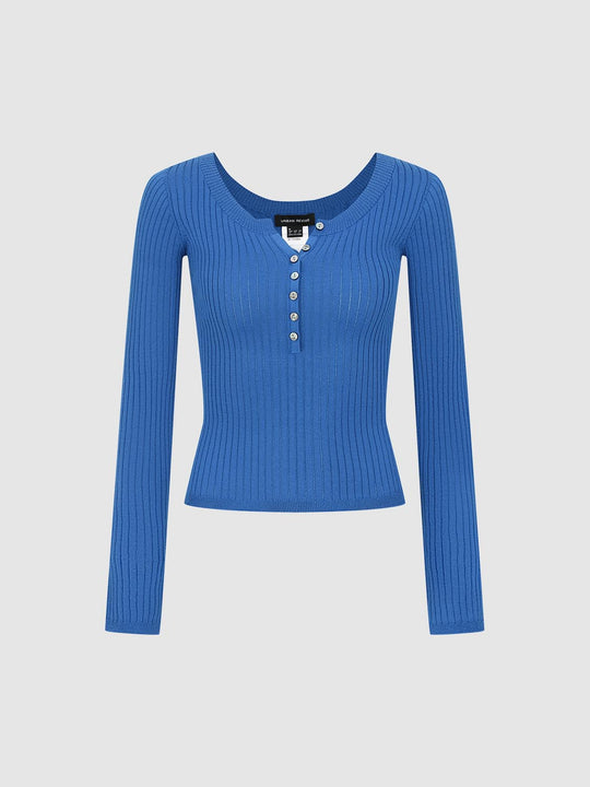 Ribbed Button Front Fitted Long Sleeve T-Shirt