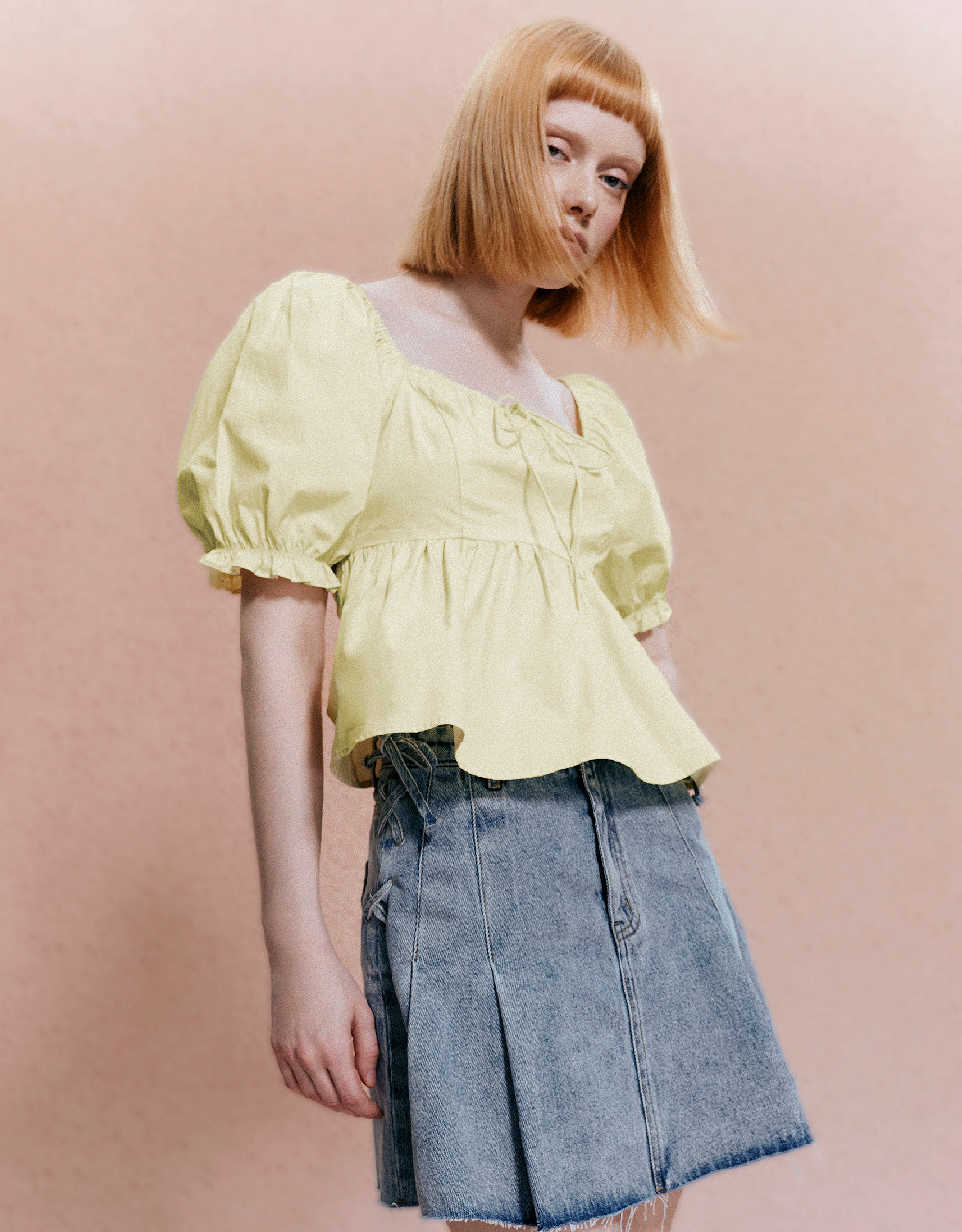 Puff Sleeve Square-cut Collar Overhead Shirt