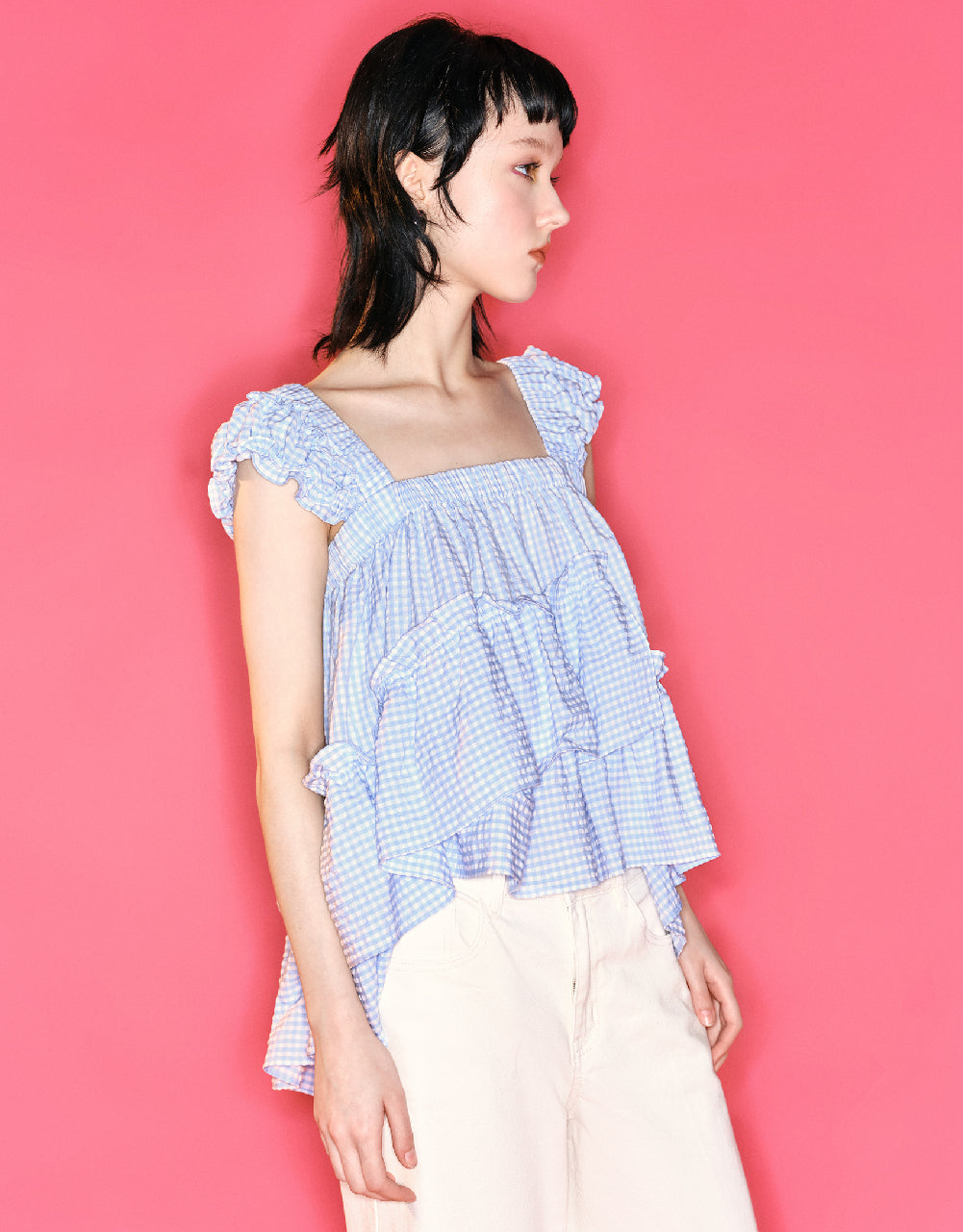 Butterfly Sleeve Plaid Blouse
