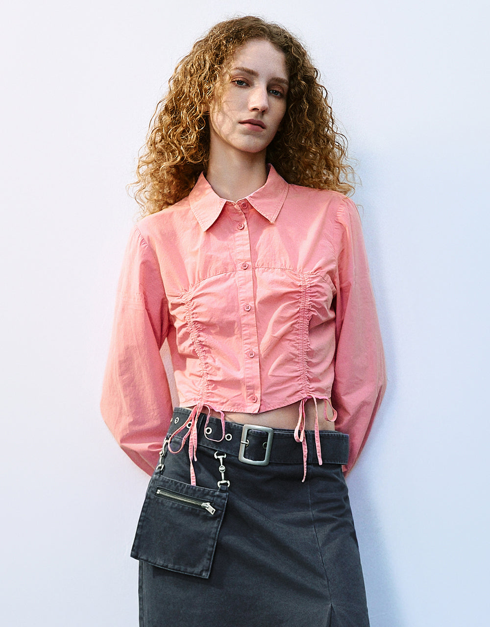 Lace Up Button Up Straight Shirt