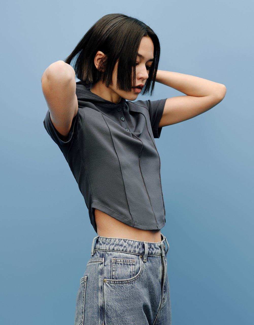 Button Half Placket Hooded T-Shirt